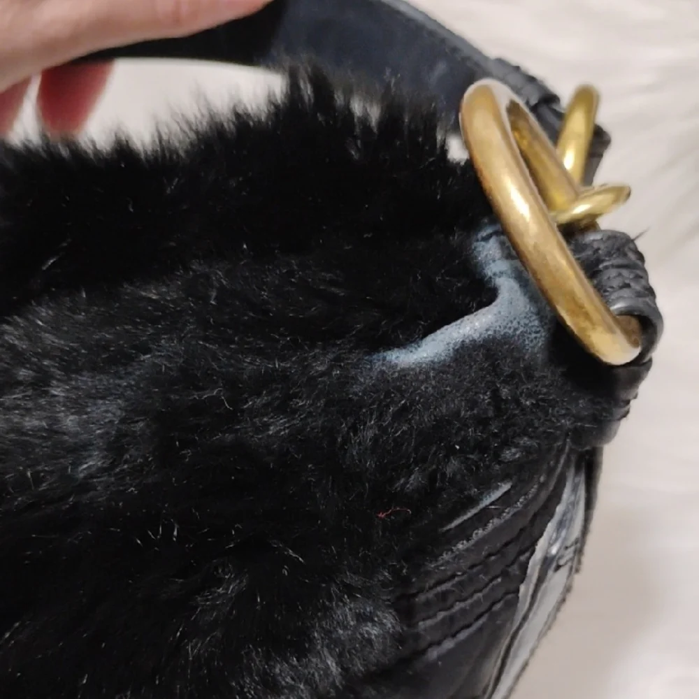 Coach Y2K Black Shoulder Bag W Rabbit Fur Trim & Matching Wallet/Wristlet Bundle